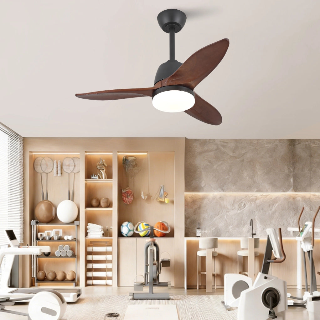 Ventilatore da soffitto moderno 36 pollici con LED; 3 pale in legno massello; nero e noce scuro