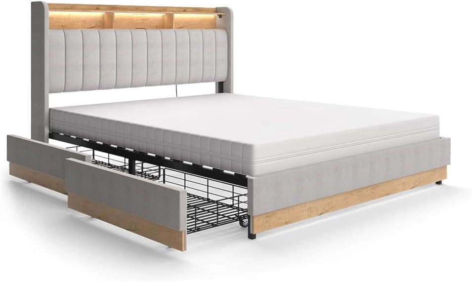 Letto imbottito Nura, Grigio, 140x200 cm con 4 cassetticon porta di ricarica USB, illuminazione a LED e telecomando