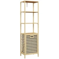 Colonna Bagno con 3 Ripiani in Legno di Bambù e Cesto Portabiancheria in Tessuto, 44x33x160cm