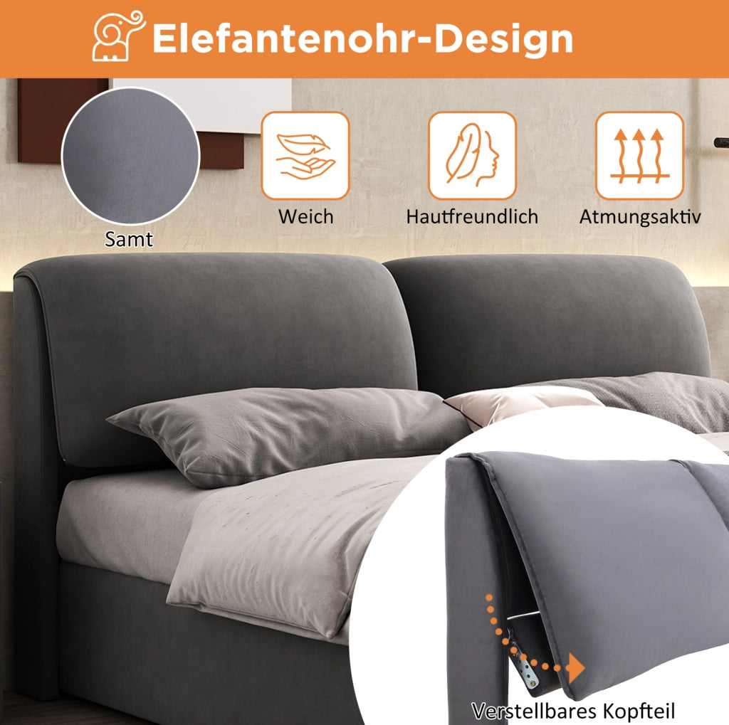 Letto in velluto grigio 140x200 cm con contenitore e 3 cassetti
