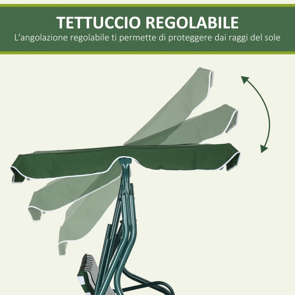 Dondolo 3 Posti con Tettuccio Regolabile 170x110x153 cm in Acciaio e Poliestere Verde e Bianco