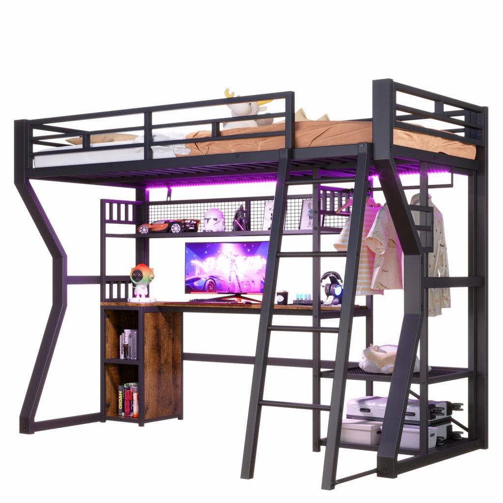 Letto a soppalco 204x131.5x180 cm con scrivania; ripiani e presa elettrica in metallo e MDF nero