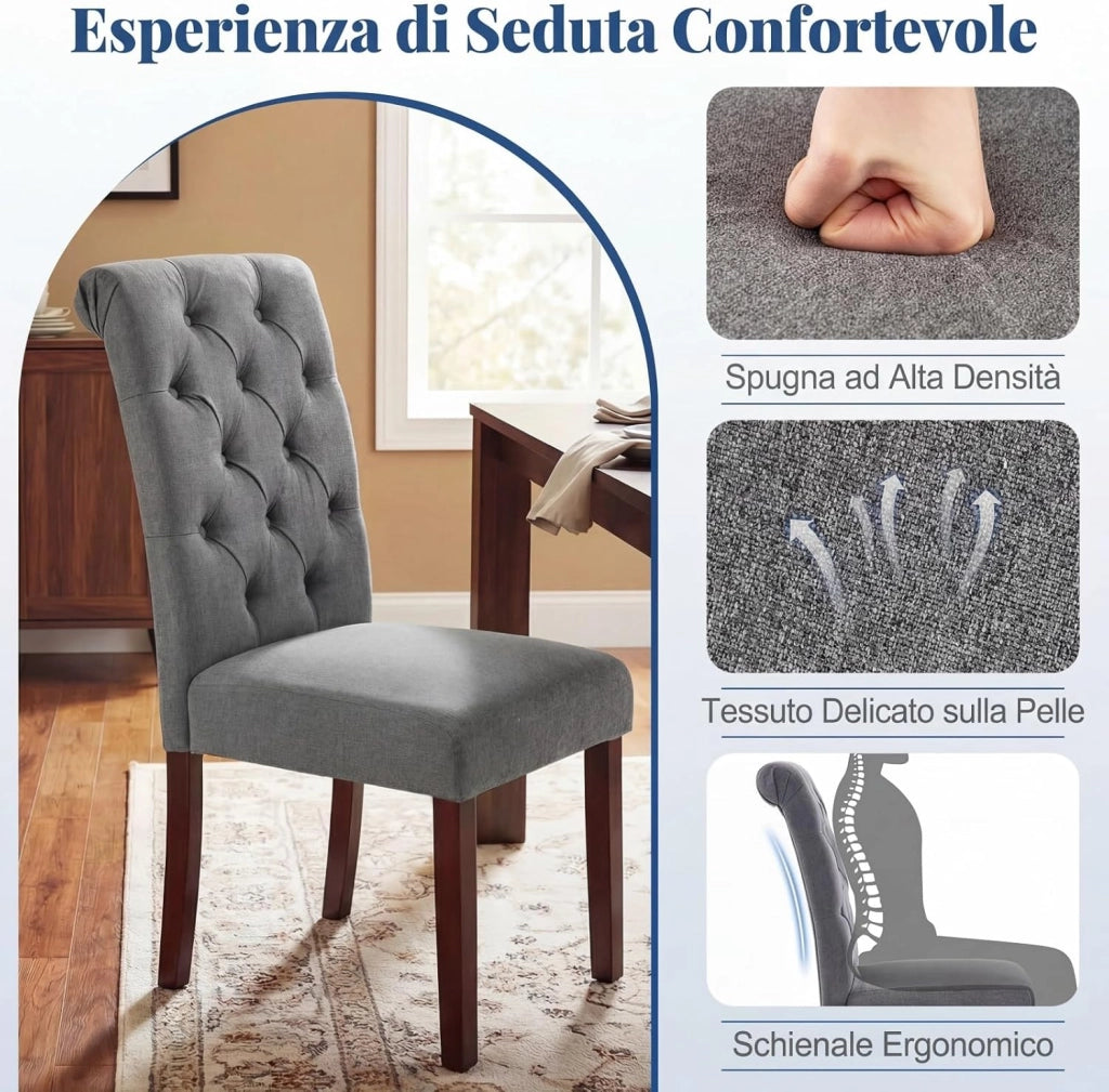 Set di 2 Sedie Imbottite da Cucina, Sedia Sala da Pranzo con Schienale Alto, Cuscino Comodo e Gambe in Legno Massello, Sedia Moderno per Camera da Letto, Salotto, Salone e Ristorante (Grigo)