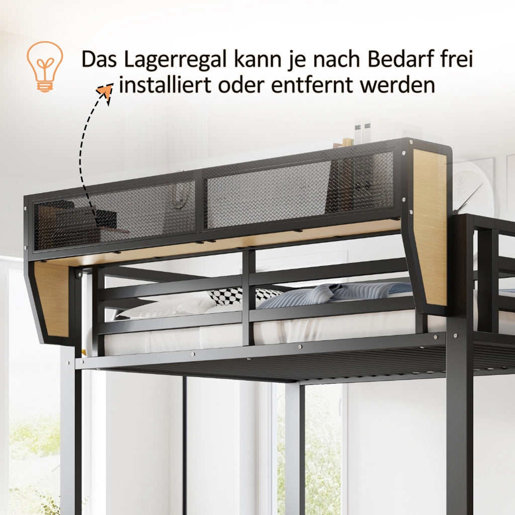 Letto a soppalco 140 × 200 cm con LED, scala di sicurezza e ripiano regolabile, senza materasso, metallo nero