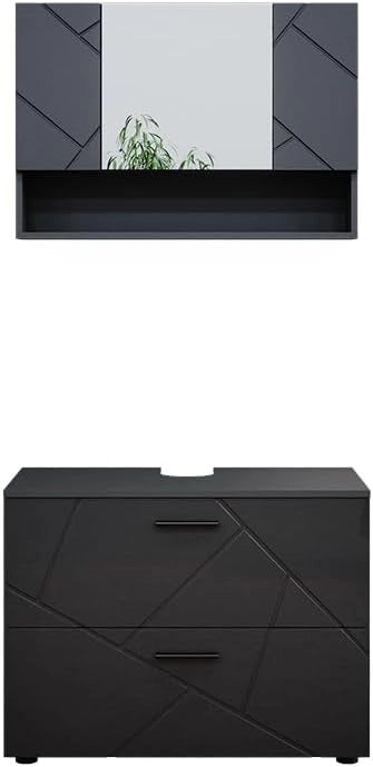 Set mobili bagno Irma, Antracite lucido, 80 cm, composto da specchio da bagno e mobile sottolavabo
