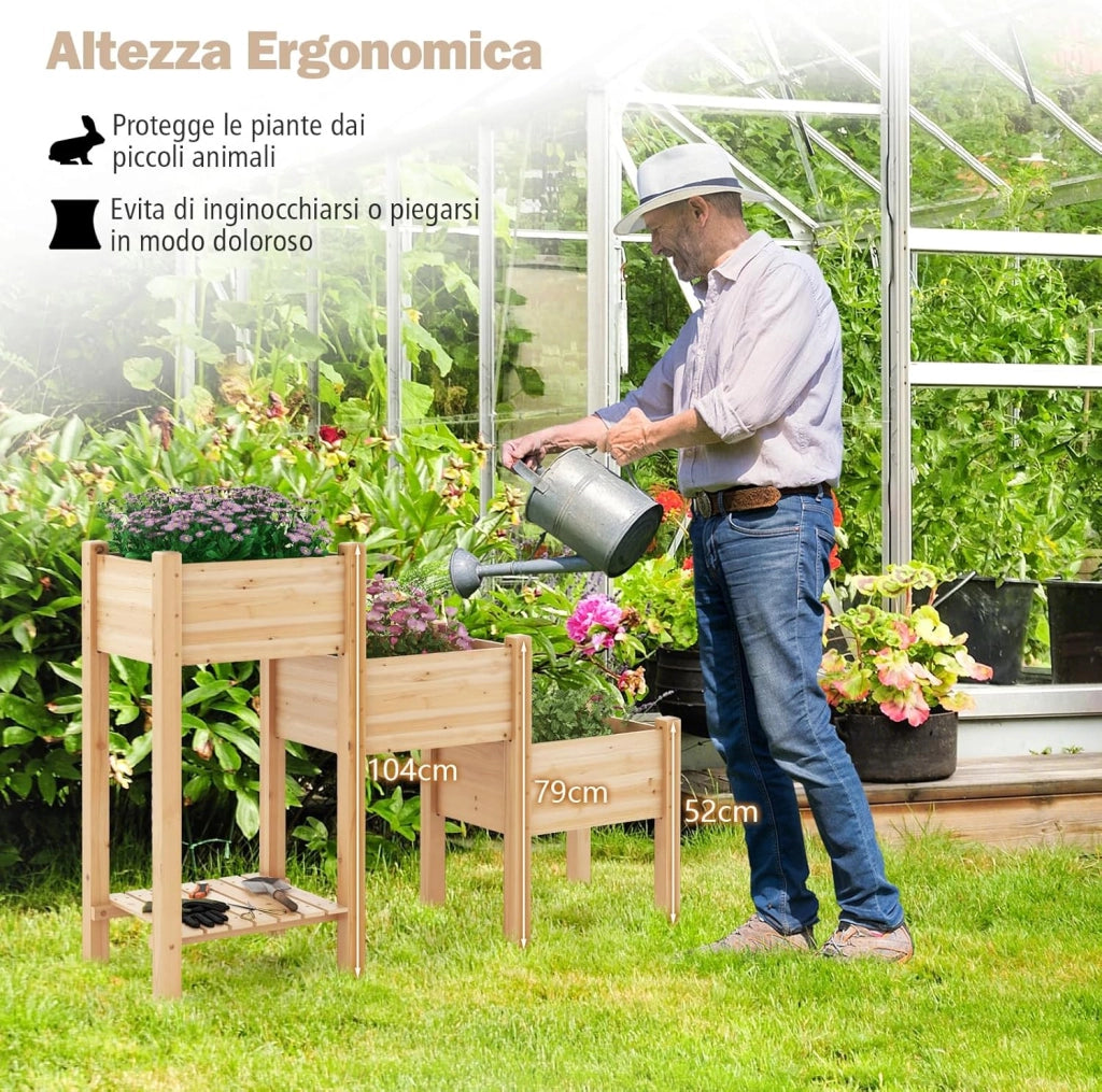 Aiuola da Giardino Rialzata a 3 Livelli in Legno con Ripiano, 3 Fioriere Rialzate, Fori di Drenaggio, Fioriera da Giardino per Frutta, Verdura, Fiore, Erba, 161 cm x 43 cm x 104 cm