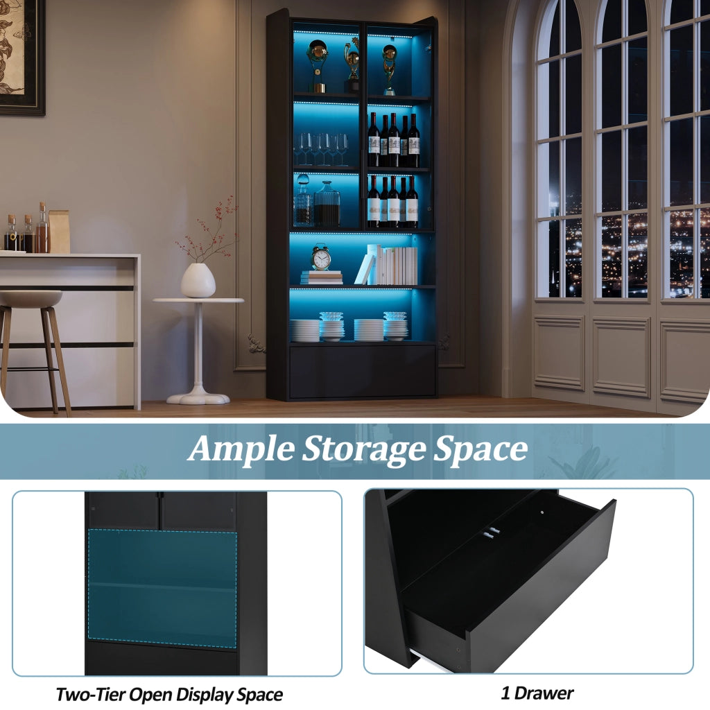 Vetrina alta con LED, 1 cassetto e 6 vani, ante in vetro, in MDF, per soggiorno, nero, 80 × 34 × 180 cm