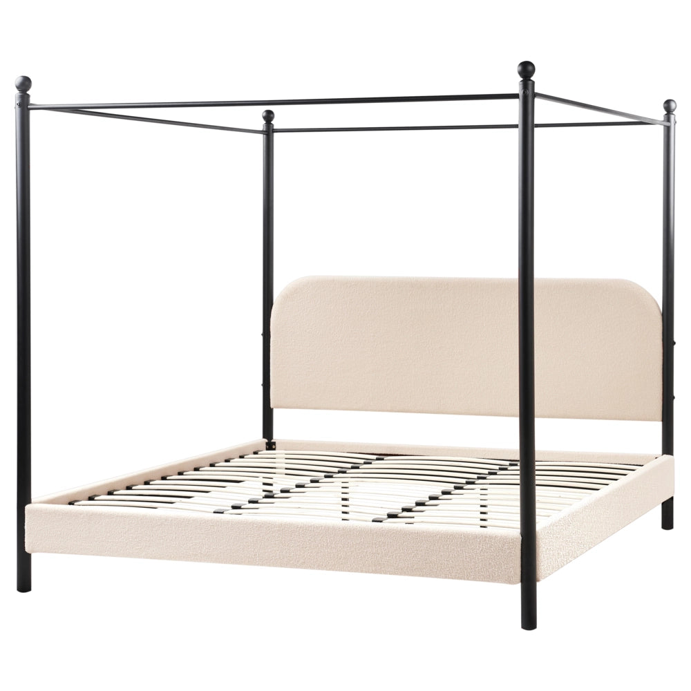 Letto a baldacchino in metallo nero con rivestimento in bouclé beige 180 x 200 cm EU Dimensioni doppie Retro Minimalista