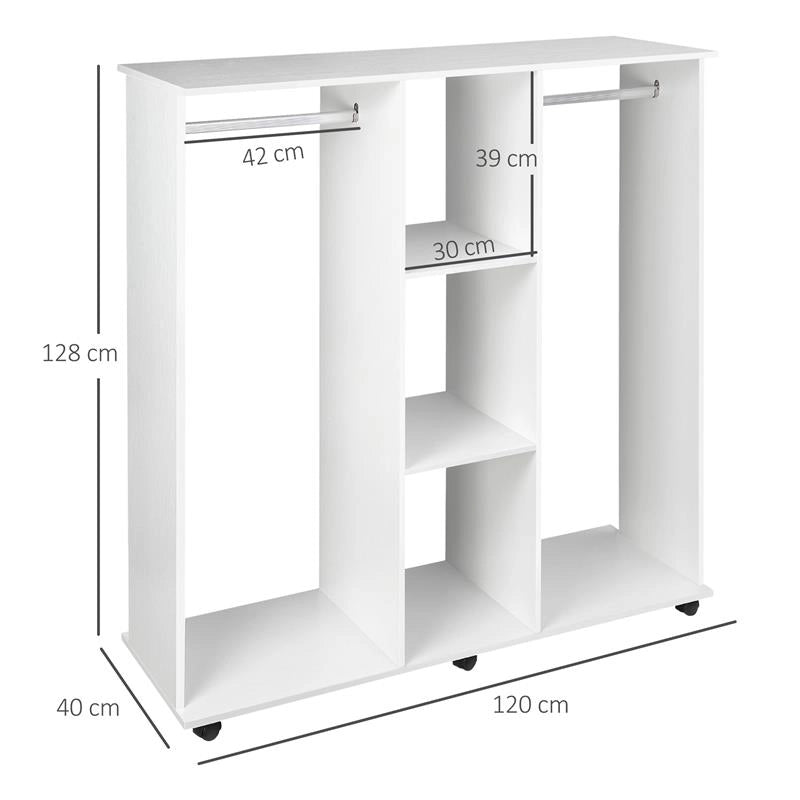 ARMADIO GUARDAROBA A ROTELLE CON 2 BARRE E 3 RIPIANI APERTI, IN LEGNO E ALLUMINIO, 120X40X128 CM, BIANCO