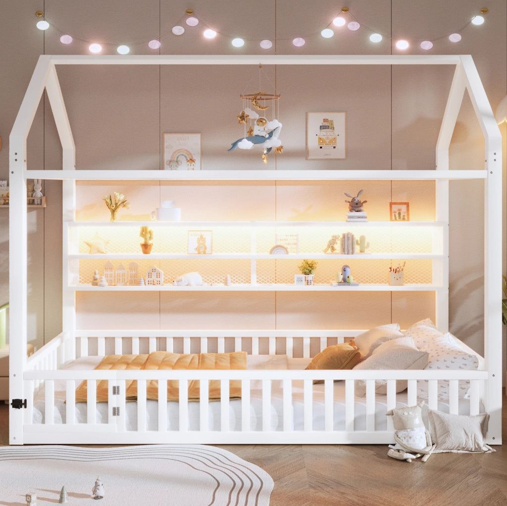 Letto a casetta a piattaforma 90x200 in metallo bianco con LED e sponda di sicurezza