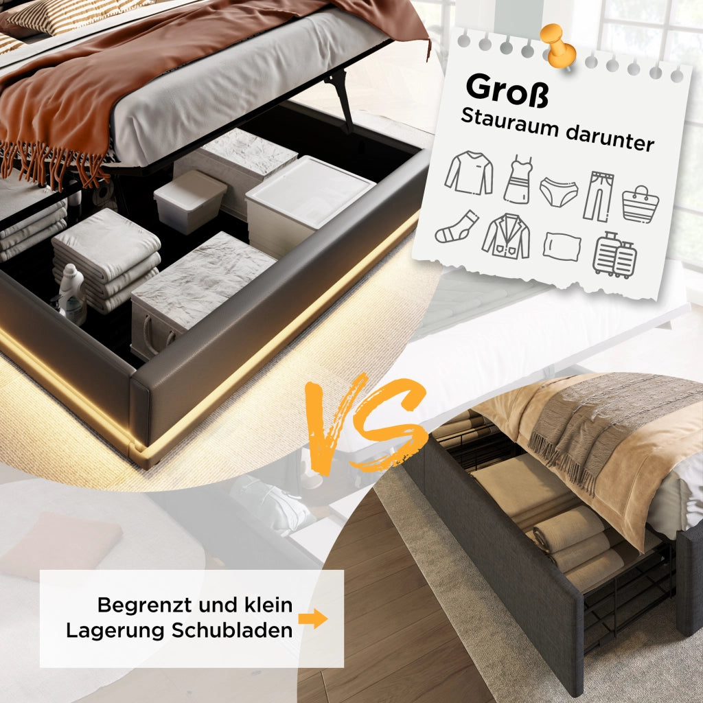 Letto Contenitore Letto Matrimoniale 160 x 200 cm con USB; Tipo C e LED; senza Materasso; PU; Nero