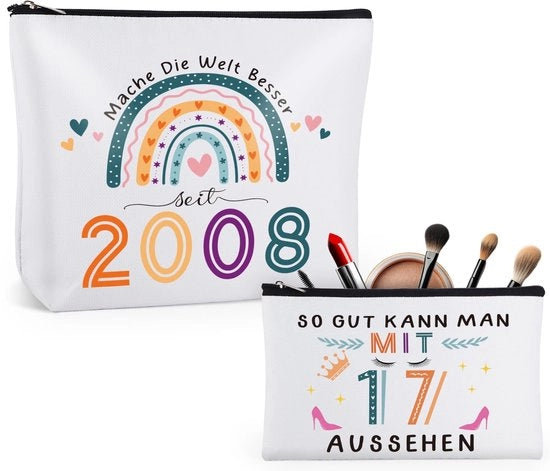 Regali per ragazze di 17 anni, set di 2 borse da toilette impermeabili per cosmetici, regali per ragazze di 17 anni, regalo per il 17° compleanno di una ragazza, set di 2 borse per il trucco.