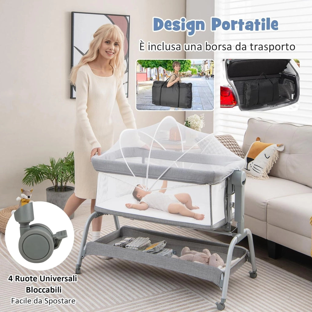 Culla Neonato Fianco 4 IN 1, Culla Co-sleeping con Spondina Apribile, Altezza Regolabile, Inclinabile, Materasso Ruote Borsa da Viaggio Zanzariera Inclusi, 0-6 Mesi Fino a 9 kg (Grigio)