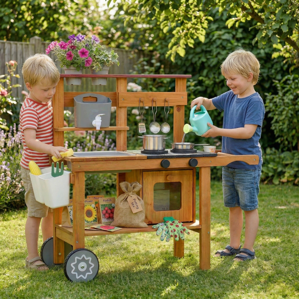 Cucina Giocattolo Esterna per Bambini ¨C zephmum ¨C Legno, Marrone con Rubinetto e Ruote