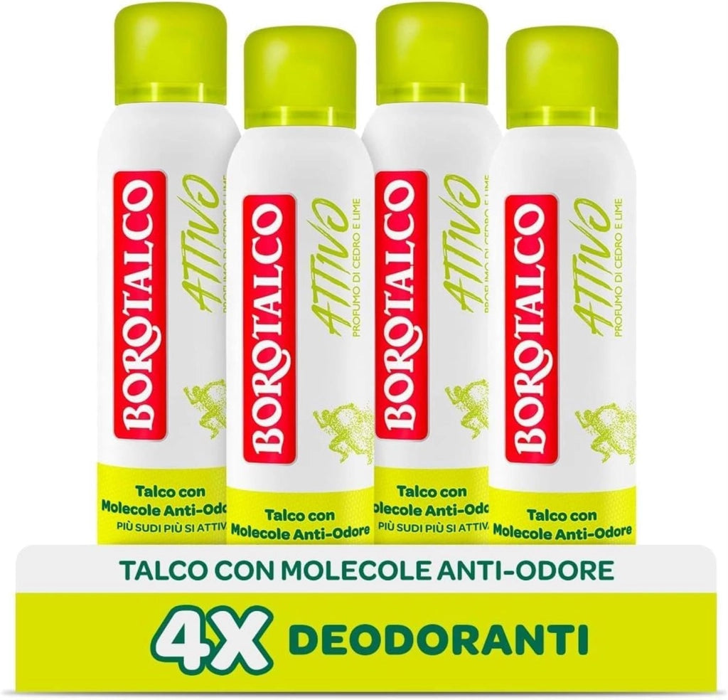 BOROTALCO SET 4 DEODORANTI SPRAY INVISIBILE GIALLO NO ALCOOL CON TALCO MOLECOLE ANTI ODORE 150 ML NEW ATTIVO