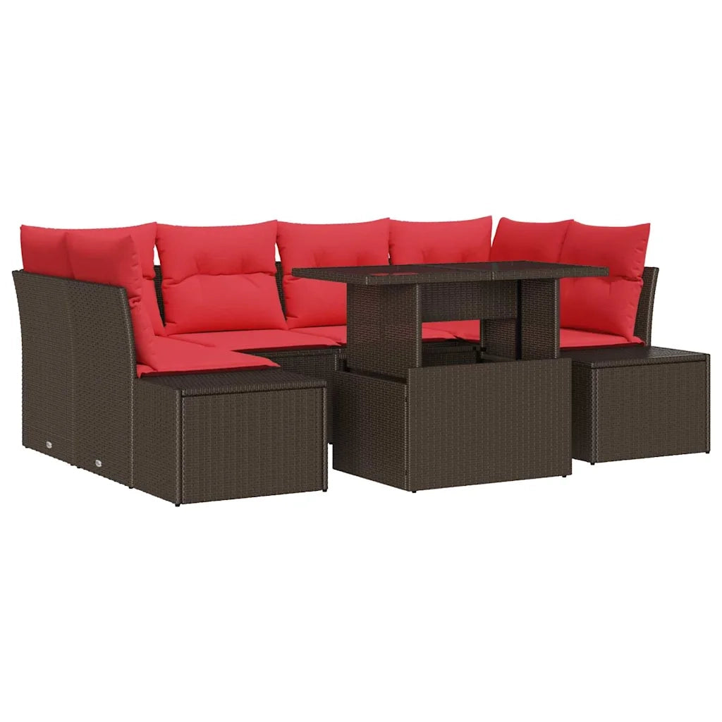 Set Divano da Giardino 7 pz 6-Numero di posti Marrone e Rosso 3357857