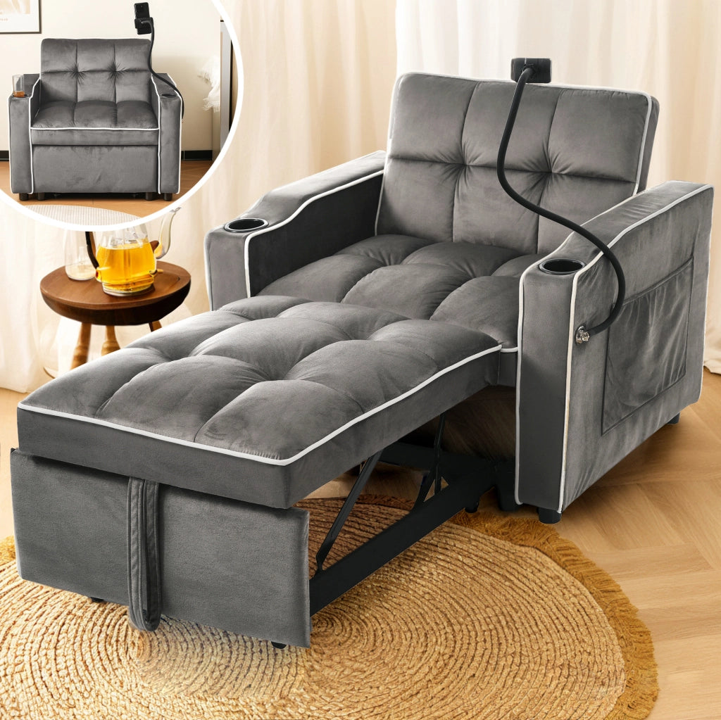 Divano letto singolo 3 in 1 reclinabile 83x167x76 cm; grigio scuro antico; in velluto e schiuma