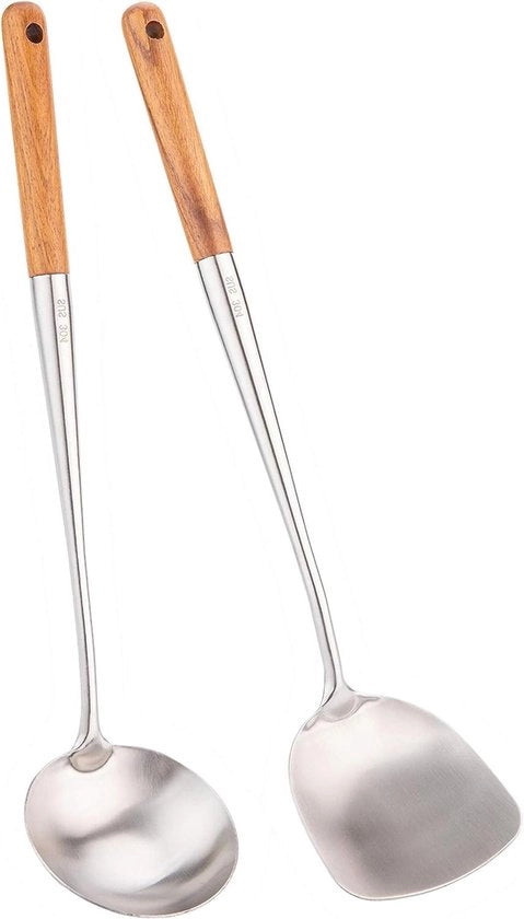 Set di utensili per cucina con spatola da wok 17" e cucchiaio da minestra con manico lungo 

Spesifiche tecniche: 
- Lunghezza spatola: 17"
- Materiale: RVS