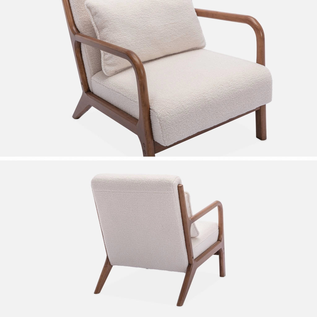 Poltrona scandinava in tessuto bouclé e legno di gomma scuro, crema