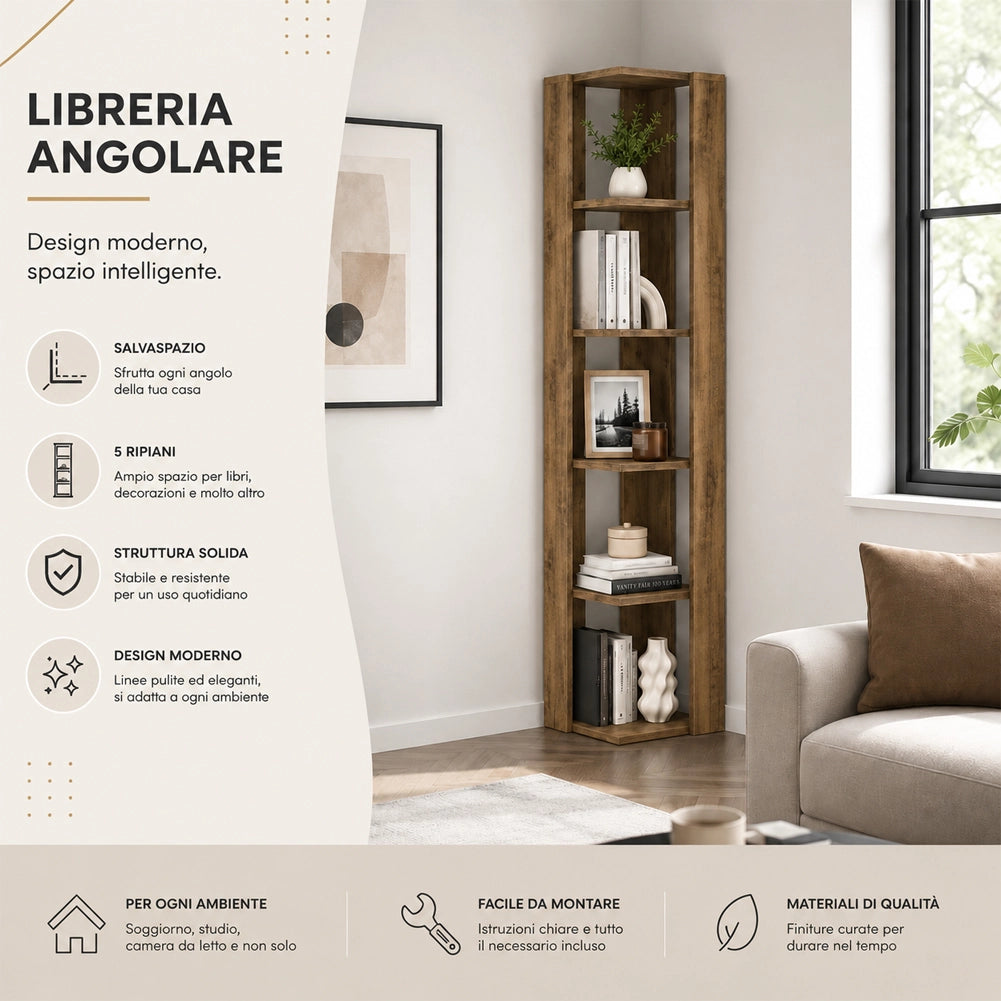 Libreria Angolare 34x34x161 cm Scaffale Salvaspazio 5 Ripiani in Legno Rovere