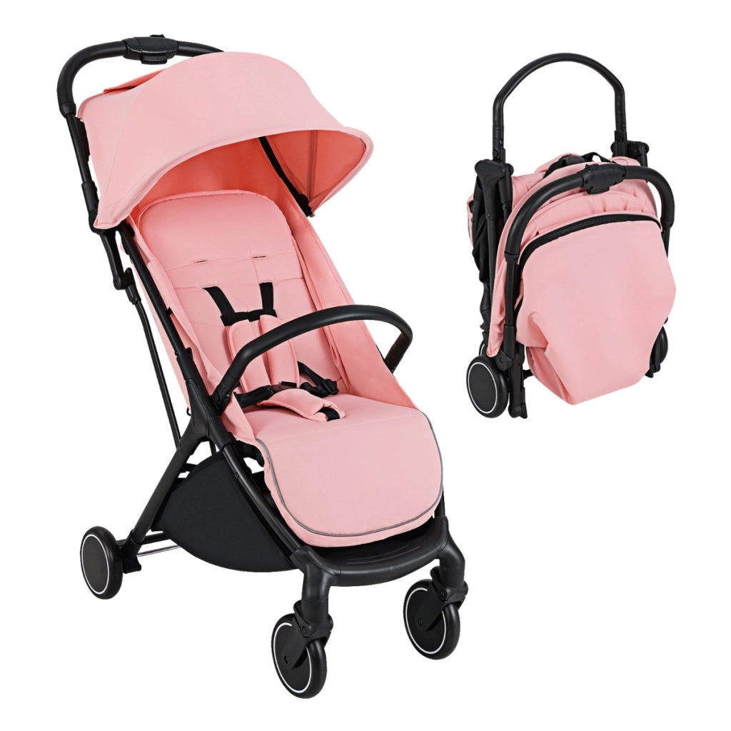 Passeggino leggero per bambini piegatura con una mano, Passeggino portatile con schienale reclinabile Rosa