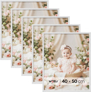 Cornice per Foto 40x50 cm Set di 5 da Parete e Tavolo, Portafoto con Cornice in Legno Massello e Pannello in Plastica, Collage Foto, Bianco