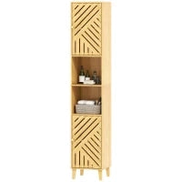Mobile Colonna Bagno con 2 Armadietti e 2 Ripiani con Scaffale Regolabile, in Bambù e Truciolato, 32x30x170 cm