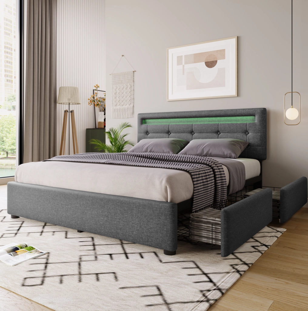 Letto matrimoniale 140x200 cm con LED e 4 cassetti; testiera regolabile in lino grigio