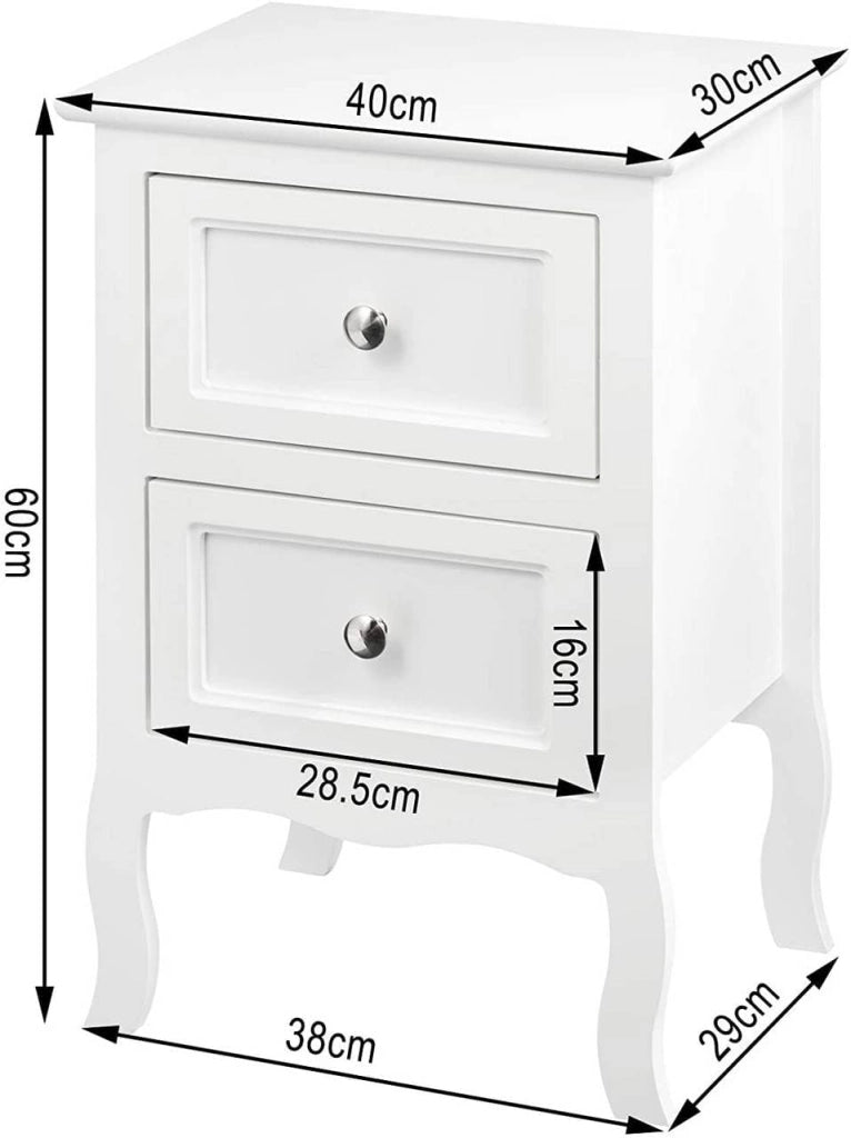 Comodino Shabby Chic Bianco con 2 Cassetti per Camera da Letto Comodino da Notte in MDF 40x30x60cm TS119ws