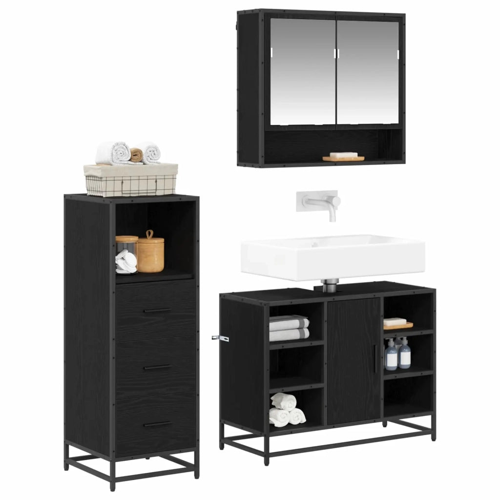 Set di mobili per il bagno 3 pcs Rovere Nero Legno multistrato