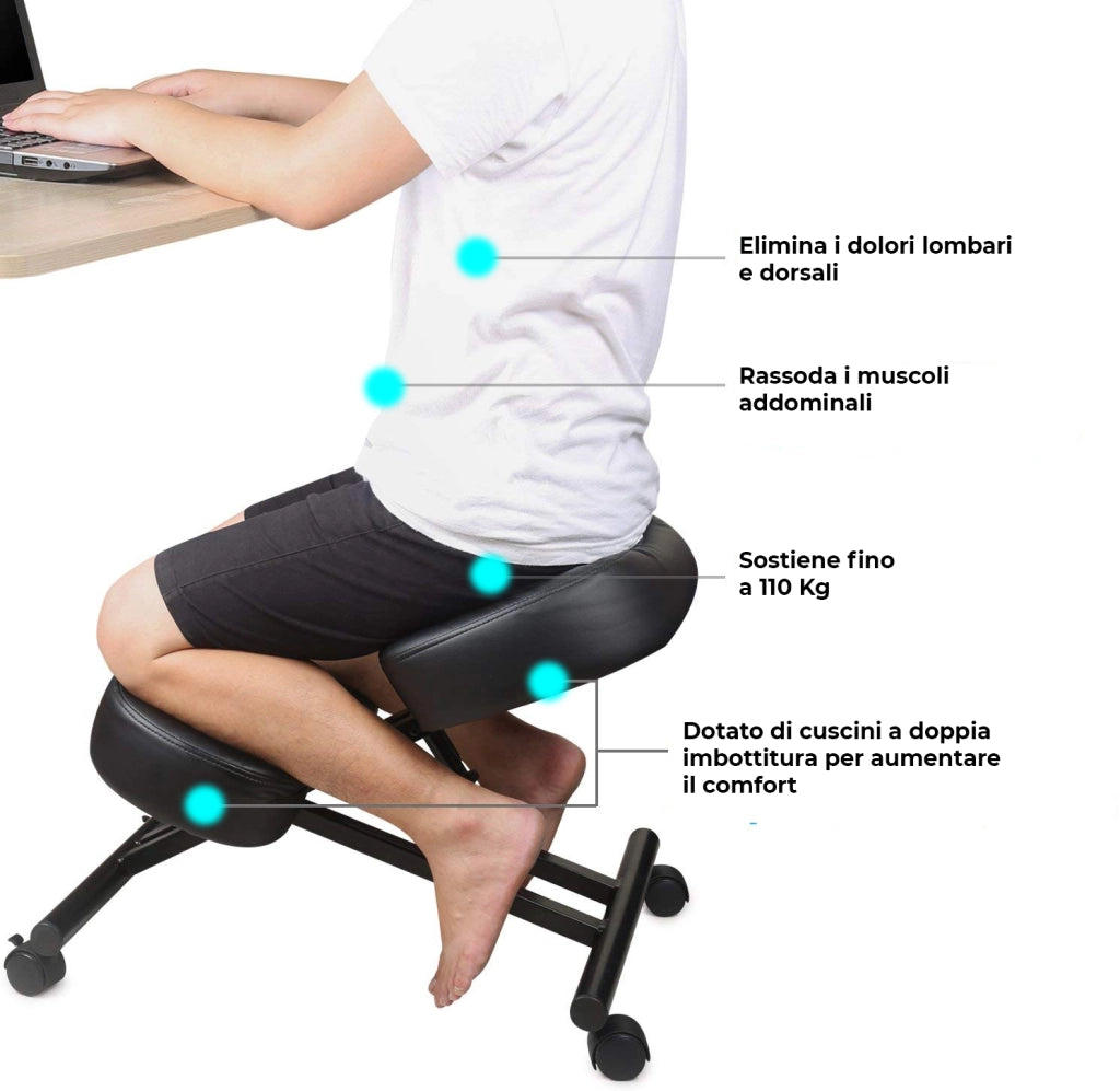 Sedia Sgabello Ortopedico Posturale Regolabile in Altezza con Cuscini Ultra-Comfort e Sistema di Bloccaggio Ruote Nera