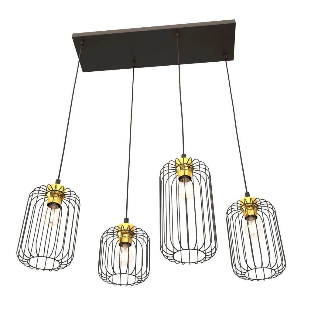 Sospensione Minimal Industrial Donar 4 Luci Lineari Nera E Oro
