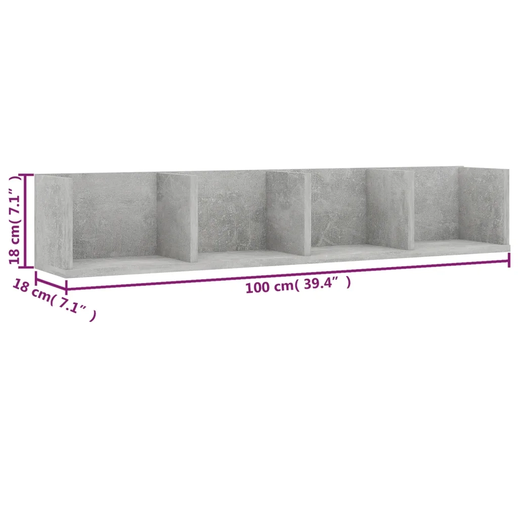 Scaffale Porta CD Grigio Cemento 100x18x18 cm Legno Multistrato 801323