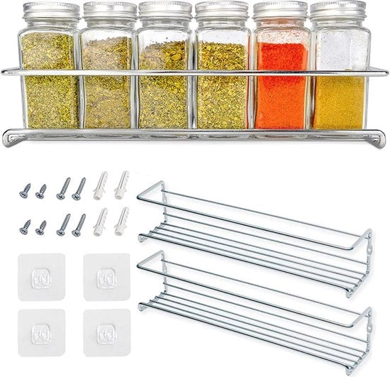 Organizzatore per Spezie in Metallo - Set di 2, Senza Fissaggio Richiesto - Scaffale per Parete per Cucina, Bagno, Balcone