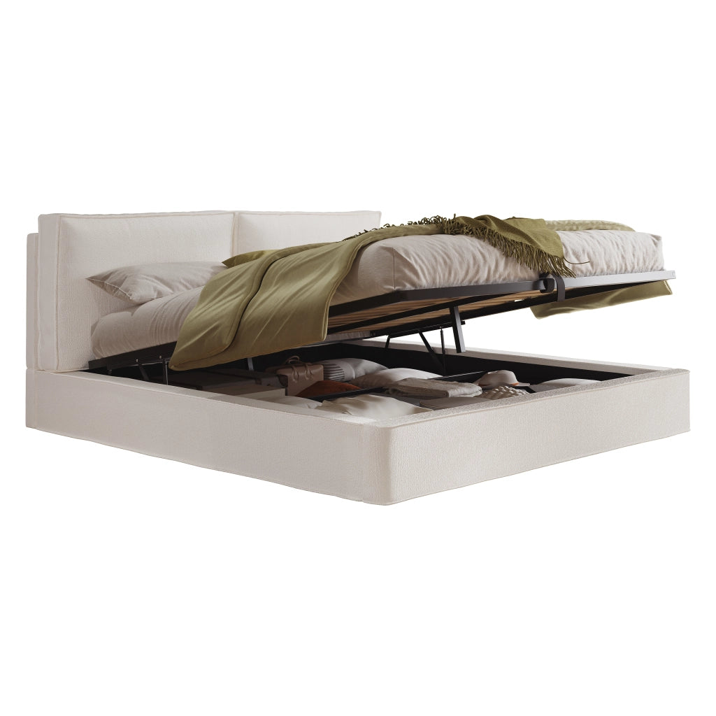 Letto matrimoniale imbottito 180x200 cm con contenitore idraulico e rete a doghe, bouclé beige