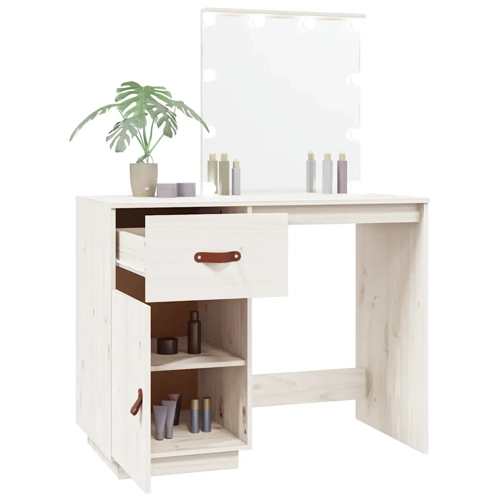 Toeletta | Tavolo da Trucco con LED Bianca 95x50x133,5cm in Legno Massello di Pino