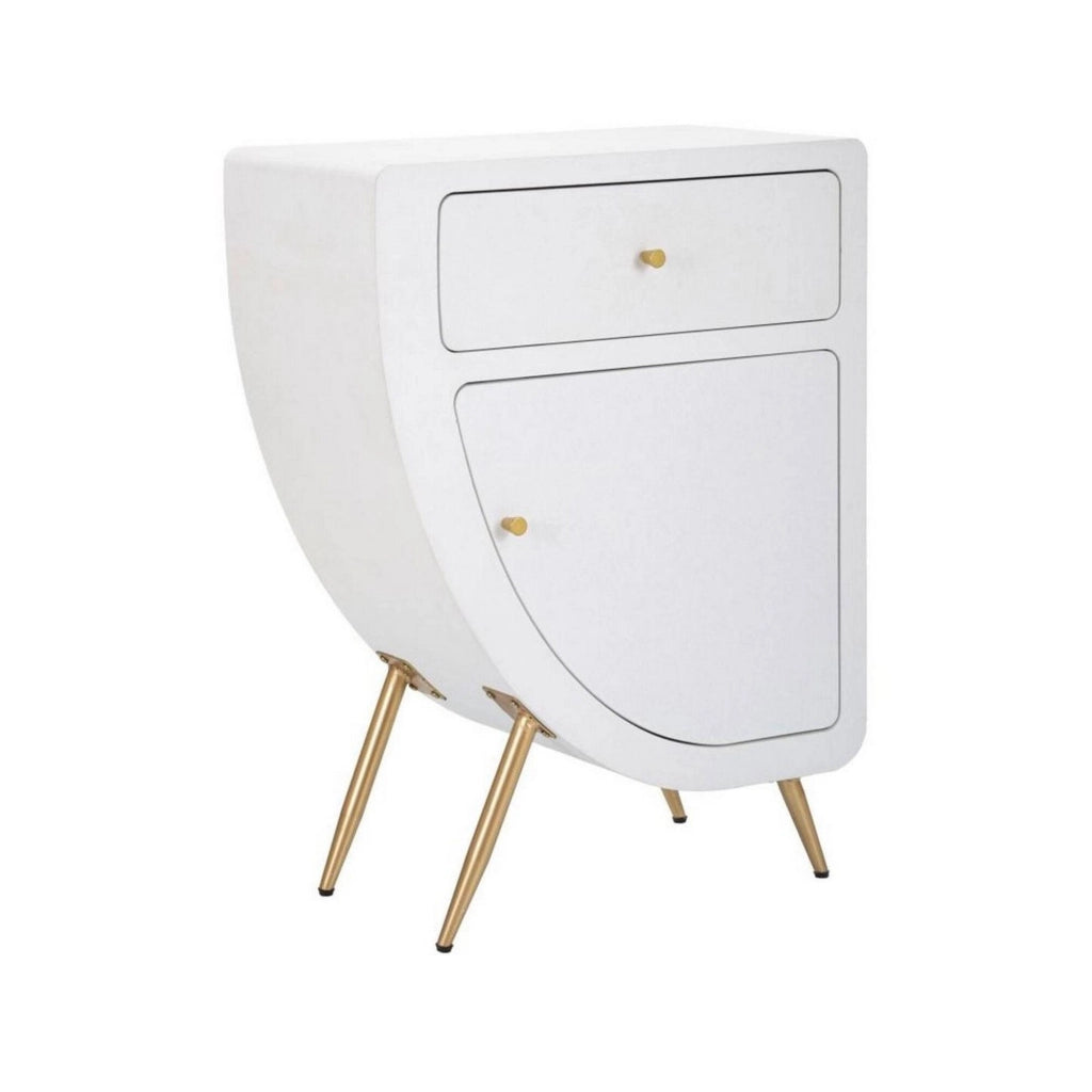 Comodino Suze, Comò basso, Tavolino da notte, Mensola da letto, Bianco e Oro, 60x32 h79 cm