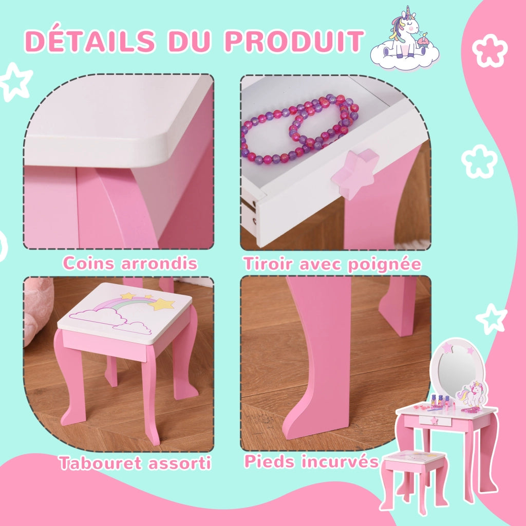 Toeletta bambini forma unicorno con sgabello ¨C Xylo ¨C rosa bianco MDF 49x34x90cm