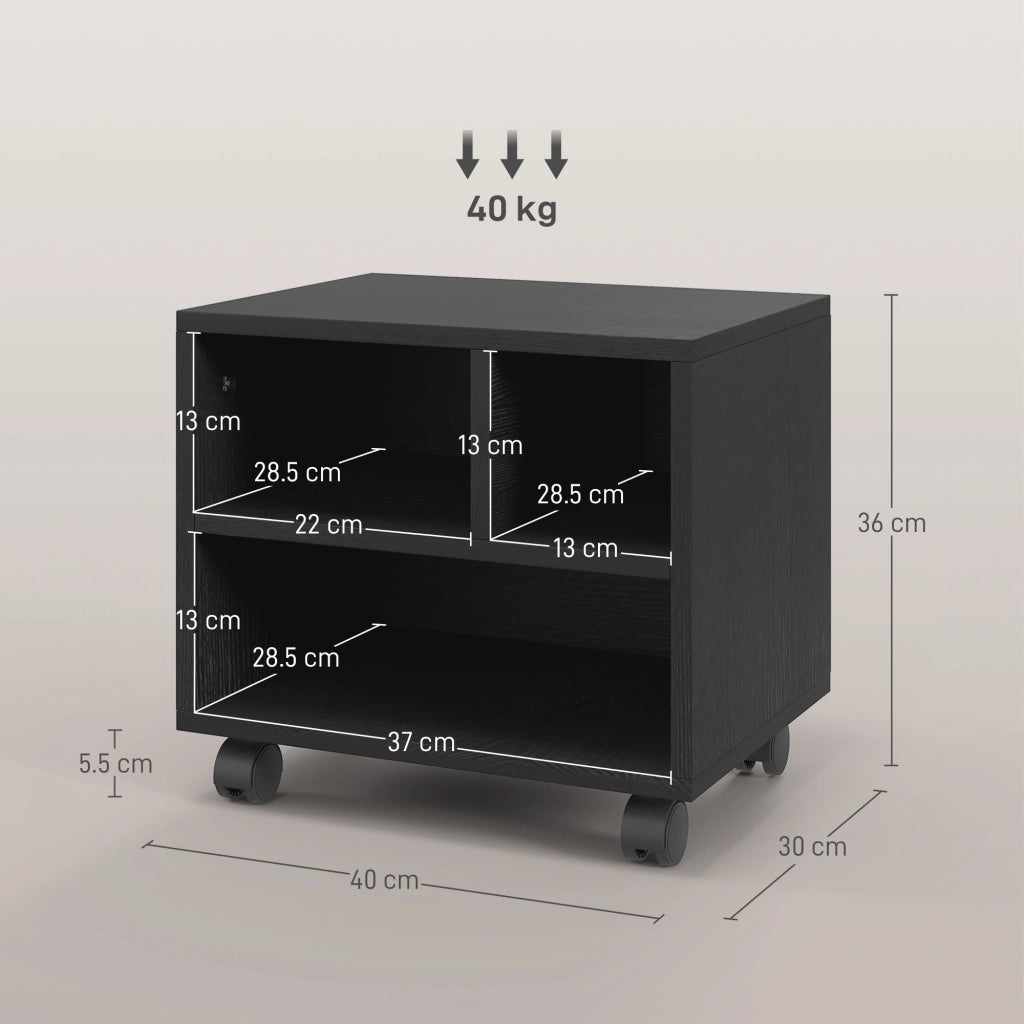 Mobile Porta Stampante a 2 Livelli con 3 Scomparti e Ruote per Ufficio e Studio, 40x30x36cm, Nero
