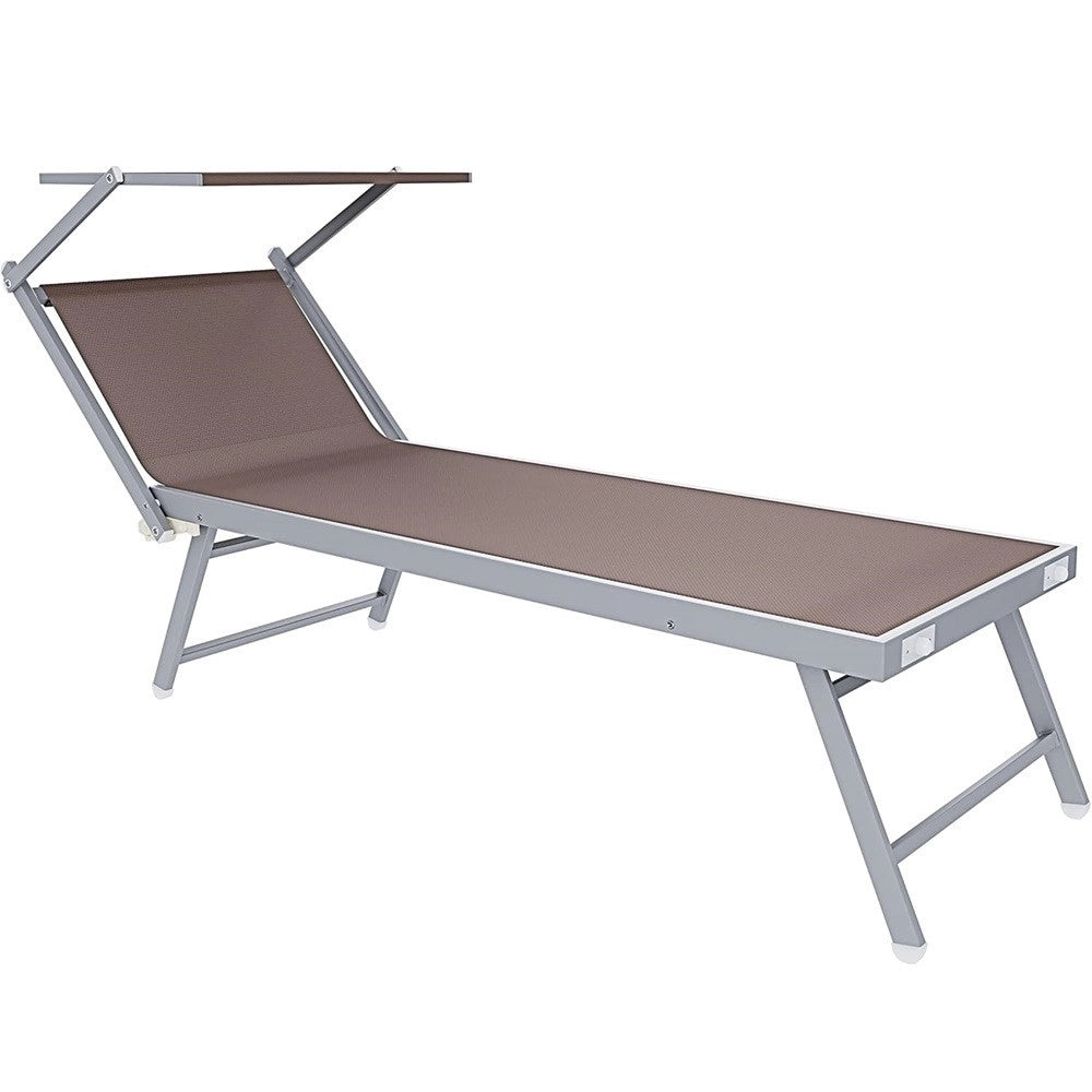 Trade Shop - Lettino Pieghevole Prendisole In Alluminio Textilene Con Parasole Orientabile 186x61x38cm - Tortora