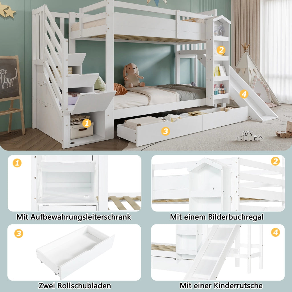 Letto a Castello 90x200 cm - Scivolo; Scaffale e 2 Cassetti - in Legno e MDF - Bianco