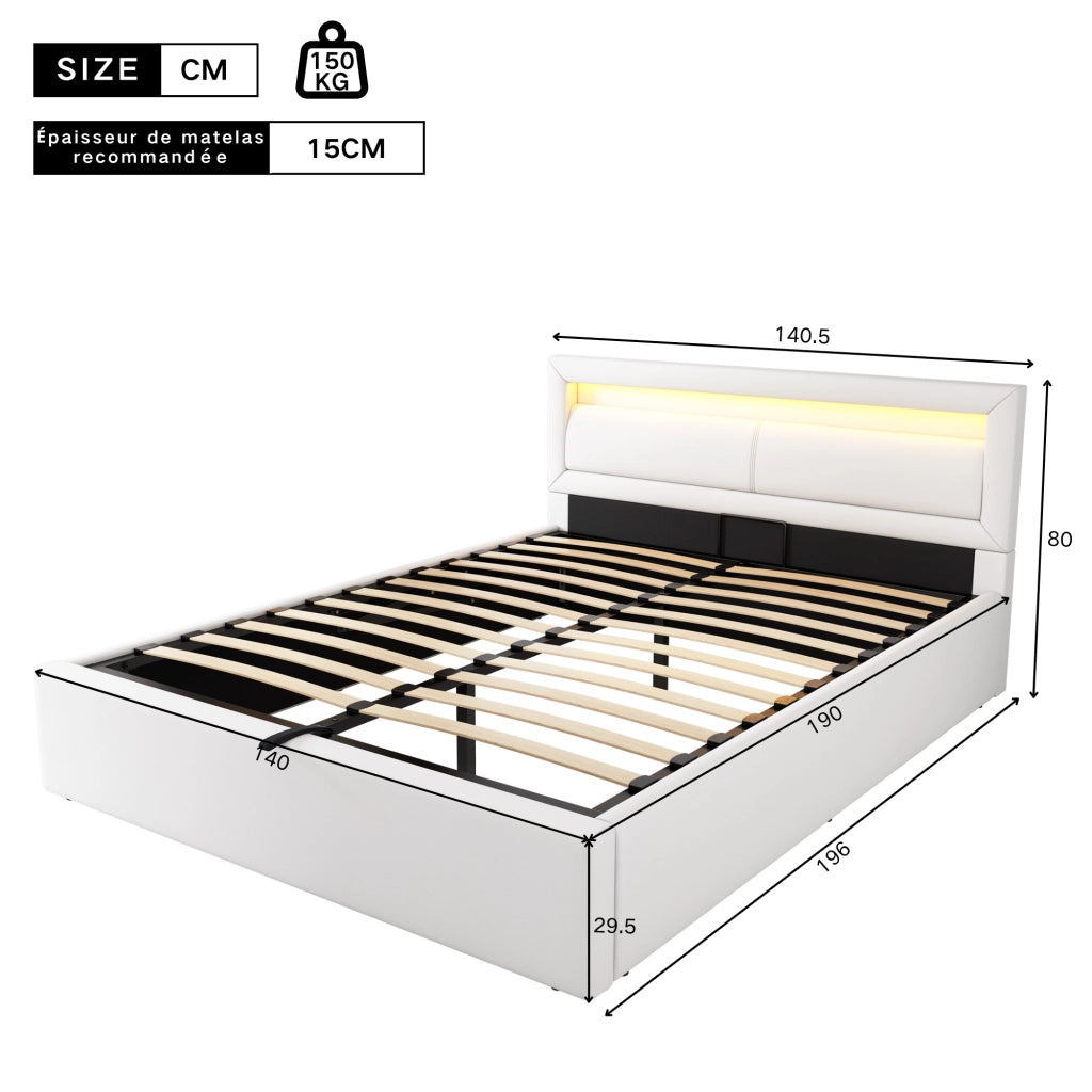 OKWISH Letto Contenitore 140×190 cm, Letto Matrimoniale con LED Regolabile e Testiera, senza Materasso, in Ecopelle PU, Bianco