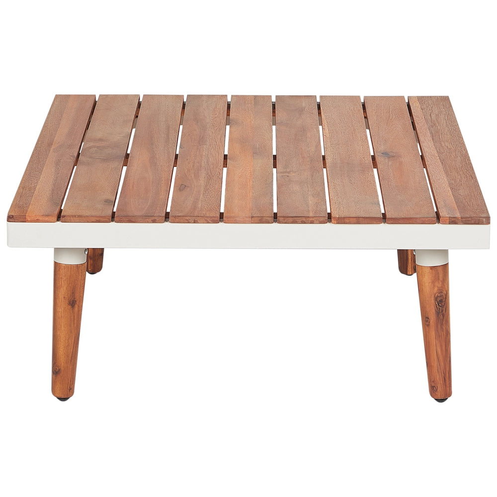 Set da giardino con divano angolare a 5 posti tavolino in legno d'acacia e cuscini bianco sporco esterno stile moderno