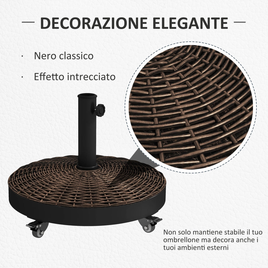 Base per Ombrellone Rotonda Ø52x41 cm 4 Ruote con Freni in Acciaio e Resina Bronzo e Nero