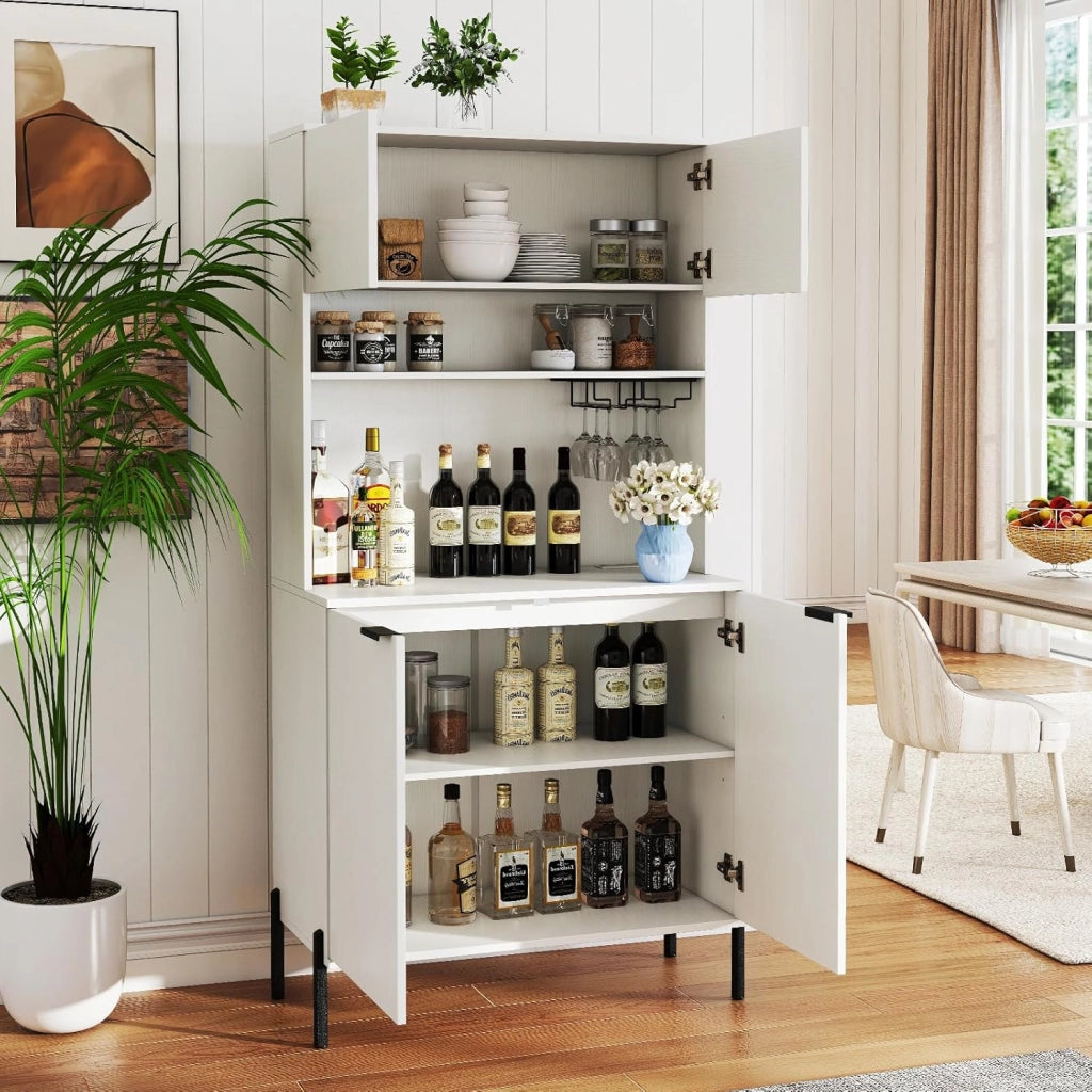 Armadio da cucina con piano di lavoro, armadietto a buffet con stazione di ricarica, buffet da cucina con porta bicchieri da vino e scaffale regolabile, multiuso, 80 x 40 x 164 cm