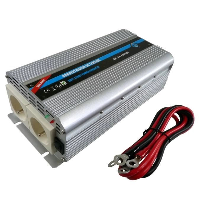 Convertitore di tensione HTC 24/220 V 1000 W con 2 prese di rete
