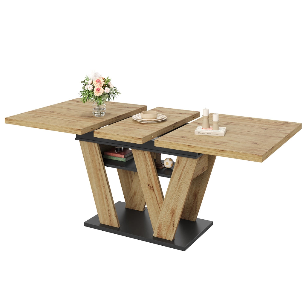 Tavolo da pranzo allungabile 119-158.5x80x75 cm con vano contenitore; MDF nero e naturale