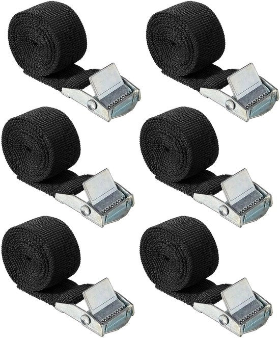 Cintura di sostegno, 6-pack, 150 kg, 1 metro cintura di sostegno, larghezza 25 mm, cintura di sostegno, cinturoni di fissaggio regolabili con chiusura a molla per trasporto, carico, bagaglio, campeggio - nero