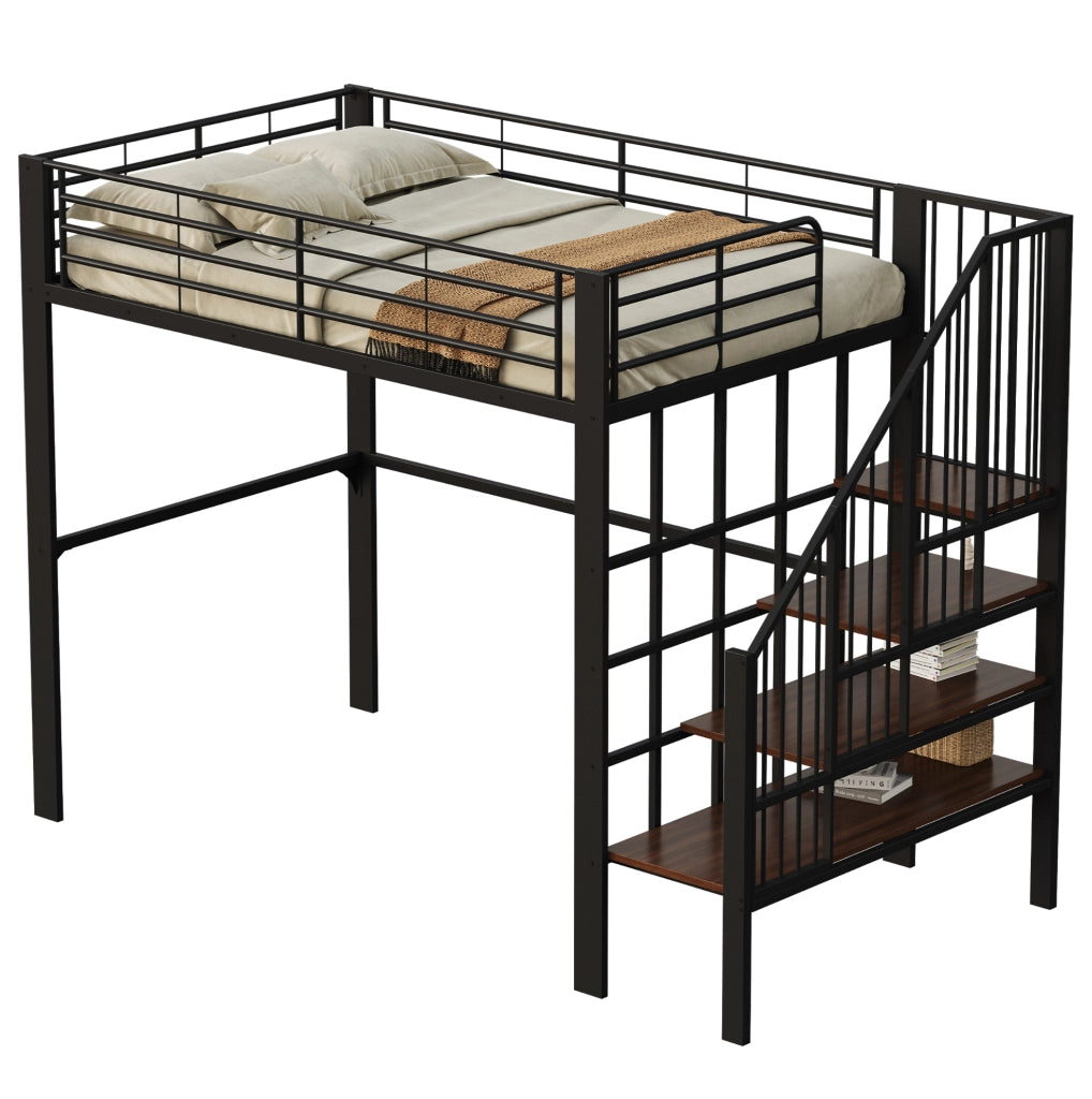 Letto a soppalco 140x200 in metallo con scala e ampio spazio sottostante