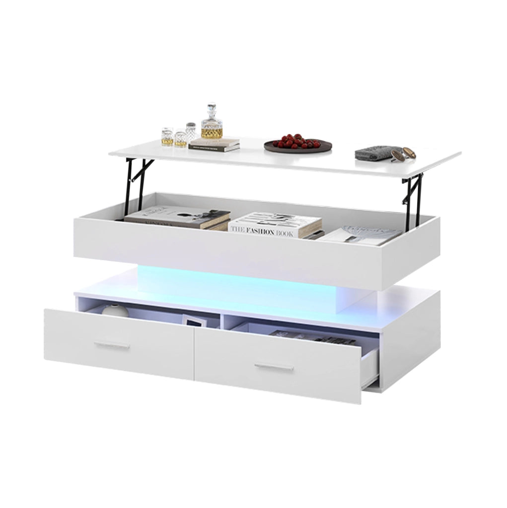 Tavolino da caffè idraulico bianco con LED, 2 cassetti, 100x50 cm